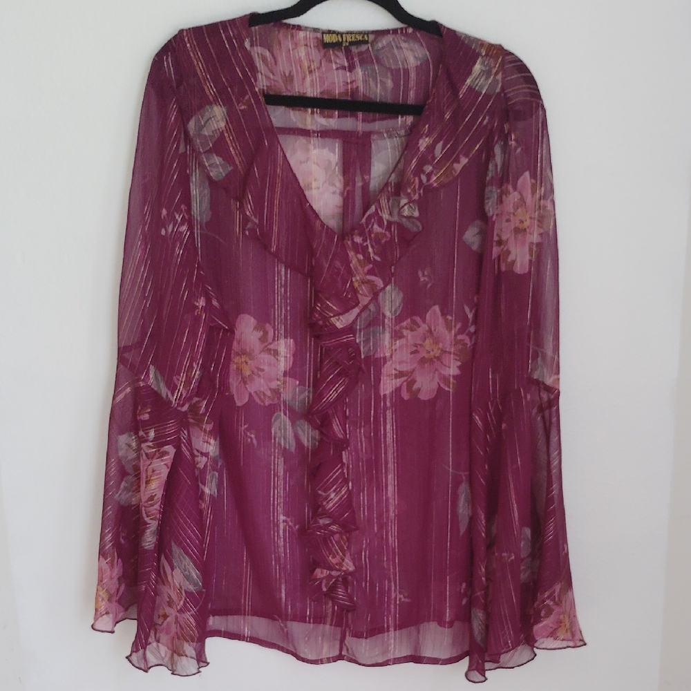 Moda Fresca Womens Sheer Metallic Floral Ruffle Trim Top Sz 2X Ethereal Romantic
